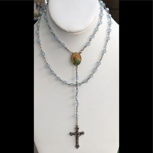 Heavenly light blue rosary silvertone crucifix Catholic Christianity religion